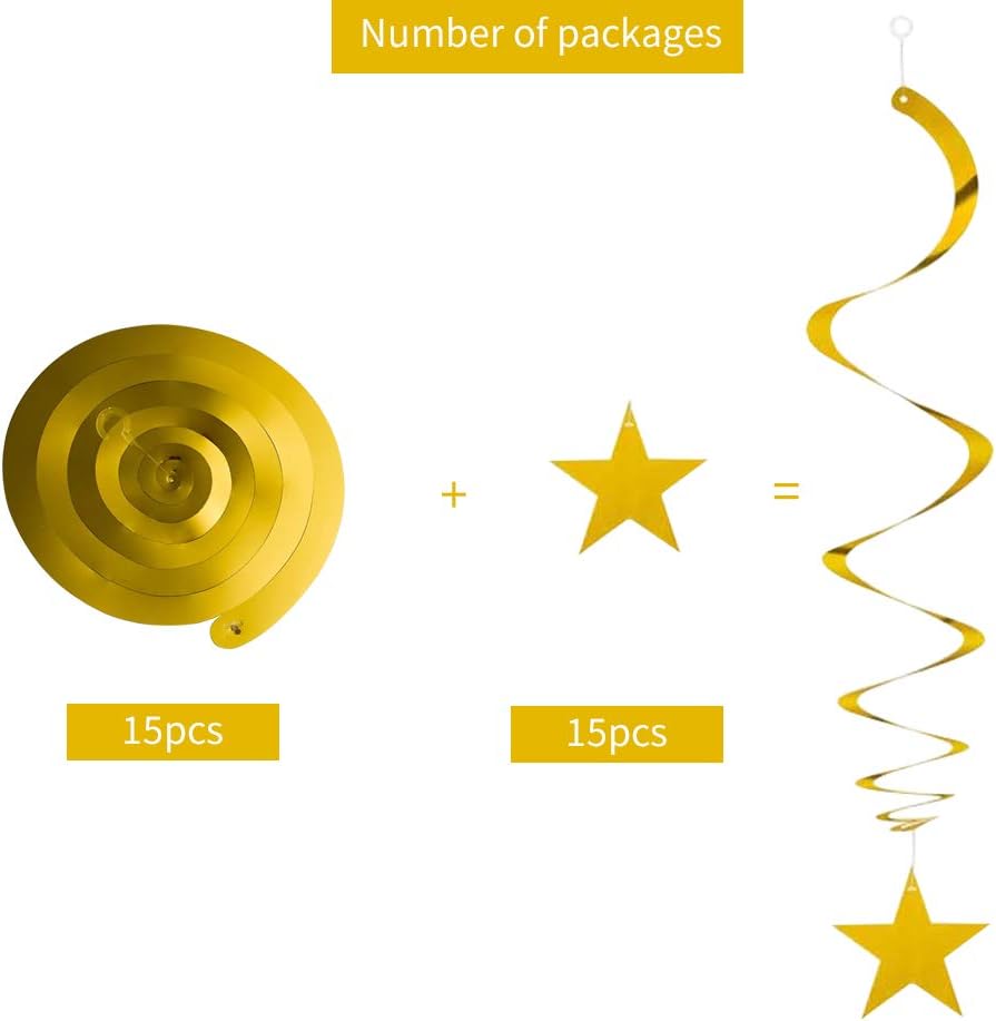 BEISHIDA Gold Star Hanging Swirl Decorations Pack of 15