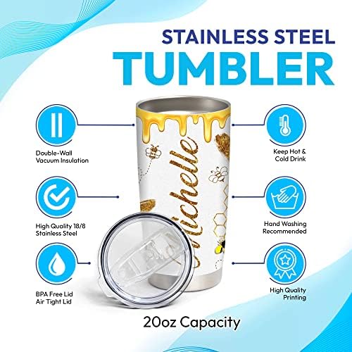 Bee Happy Custom Name Stainless Steel Tumbler 20oz With Lid