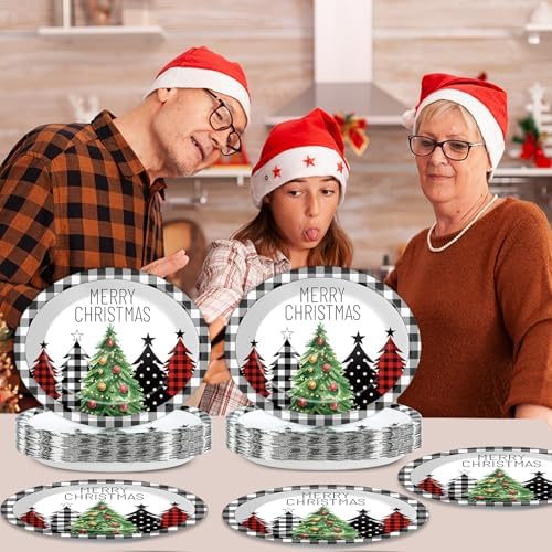 CHUNNIN 50Pcs Christmas Tree Plaid Paper Plates