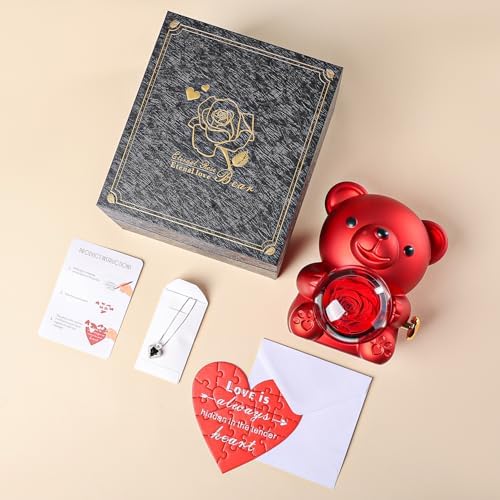 Cute Teddy Bear with Preserved Rose - Romantic Gift