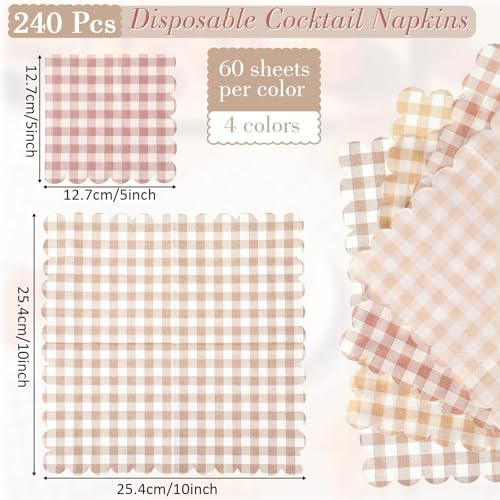 240 Pcs Scalloped Gingham Plaid Cocktail Napkins Khaki