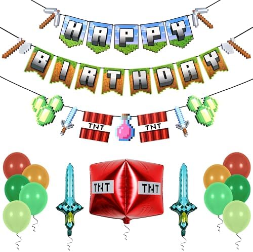 Pirese Pixel Birthday Banner with Foil Balloons and Sign