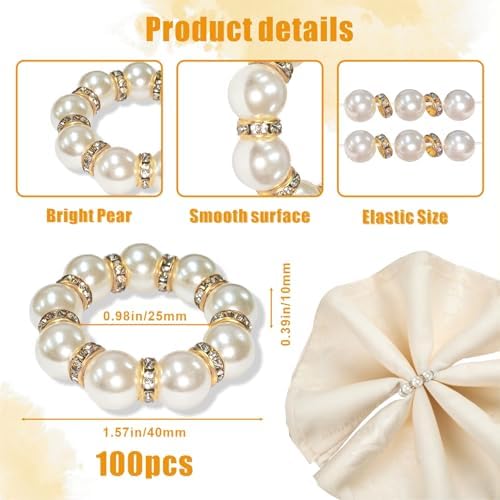 Eunika 100Pcs Gold Disposable Napkin Rings Beaded Decorative Holders
