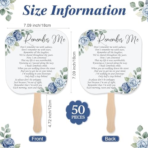 Teling 50 Pcs Blue Rose Memorial Fans with Wooden Handles