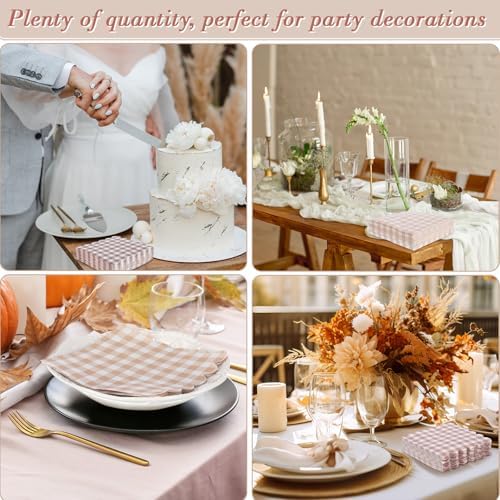 240 Pcs Scalloped Gingham Plaid Cocktail Napkins Khaki