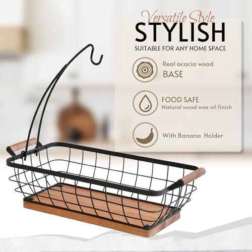 WILDMOS Rectangular Fruit Basket with Banana Hanger and Metal Wire Frame