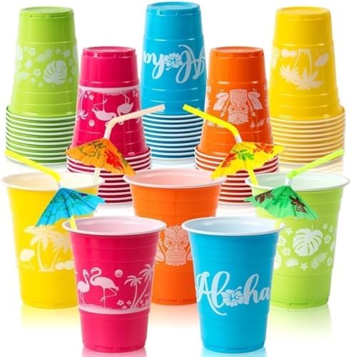 50 Hawaiian Luau Party Cups with Parasol Straws 16OZ
