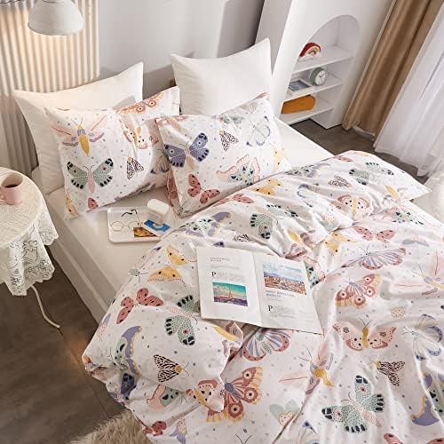 Ivellow Twin Duvet Cover Kids Butterfly White 3Pcs