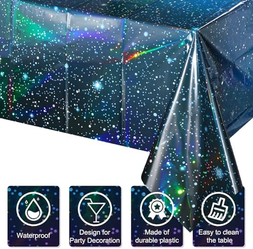 3Pcs Iridescent Space Tablecloths 54x108 Inch Blue Galaxy Party Decorations