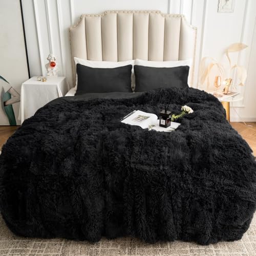 CHOSHOME Plush Shaggy Duvet Cover Twin 3PCS Set Black