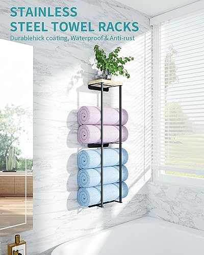 Anfeichen 2 Tier Towel Rack with Wood Shelf Black