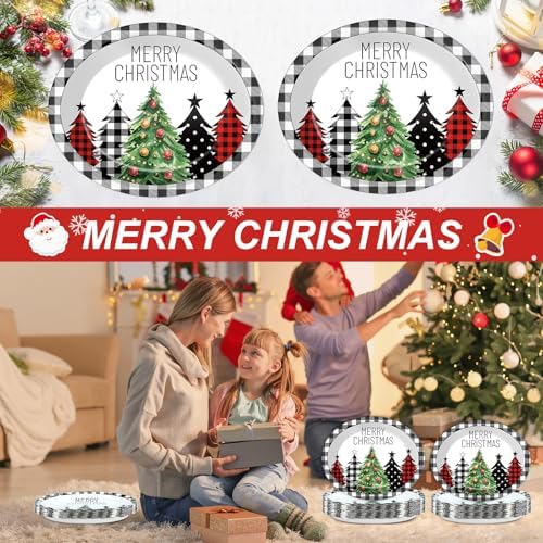 CHUNNIN 50Pcs Christmas Tree Plaid Paper Plates