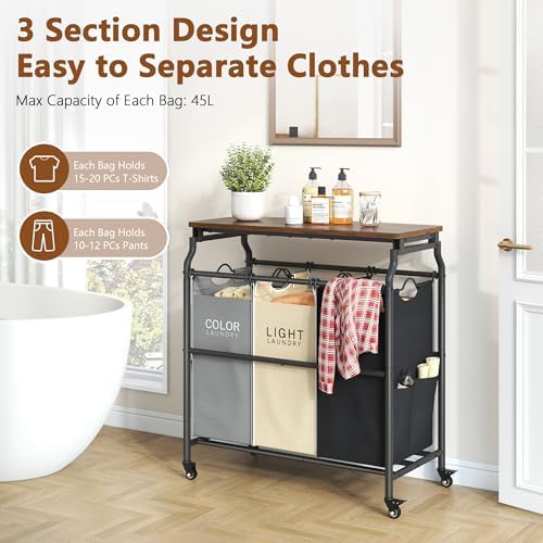 Hoctieon 3 Section Laundry Sorter Cart with Ironing Board