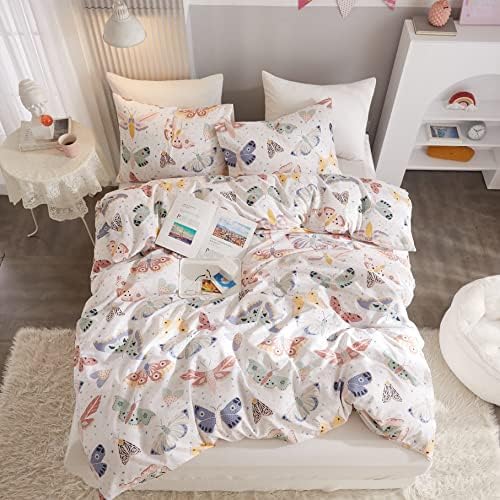 Ivellow Twin Duvet Cover Kids Butterfly White 3Pcs