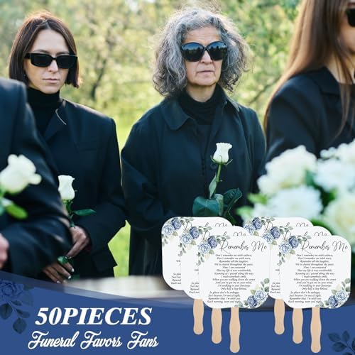 Teling 50 Pcs Blue Rose Memorial Fans with Wooden Handles