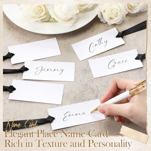 50 Pcs Black Place Cards with Satin Ribbons for Wedding Banquet