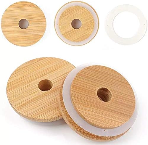 TOUSHI 4Pcs Bamboo Mason Jar Lids with Straw Hole Reusable Leak-Proof Caps