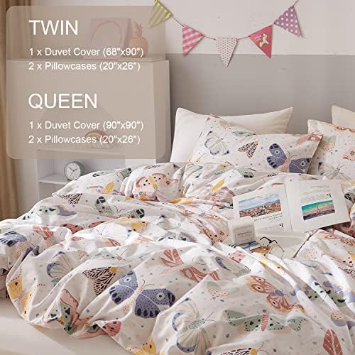 Ivellow Twin Duvet Cover Kids Butterfly White 3Pcs