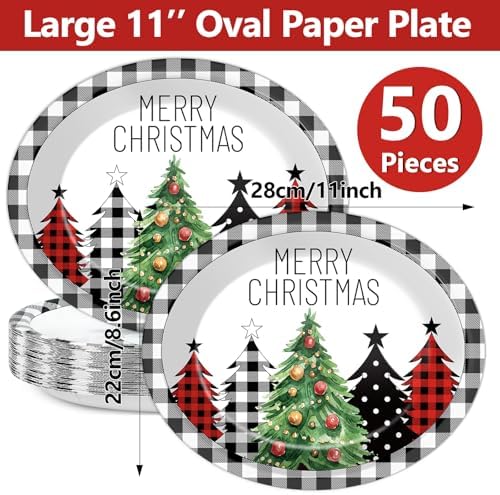 CHUNNIN 50Pcs Christmas Tree Plaid Paper Plates