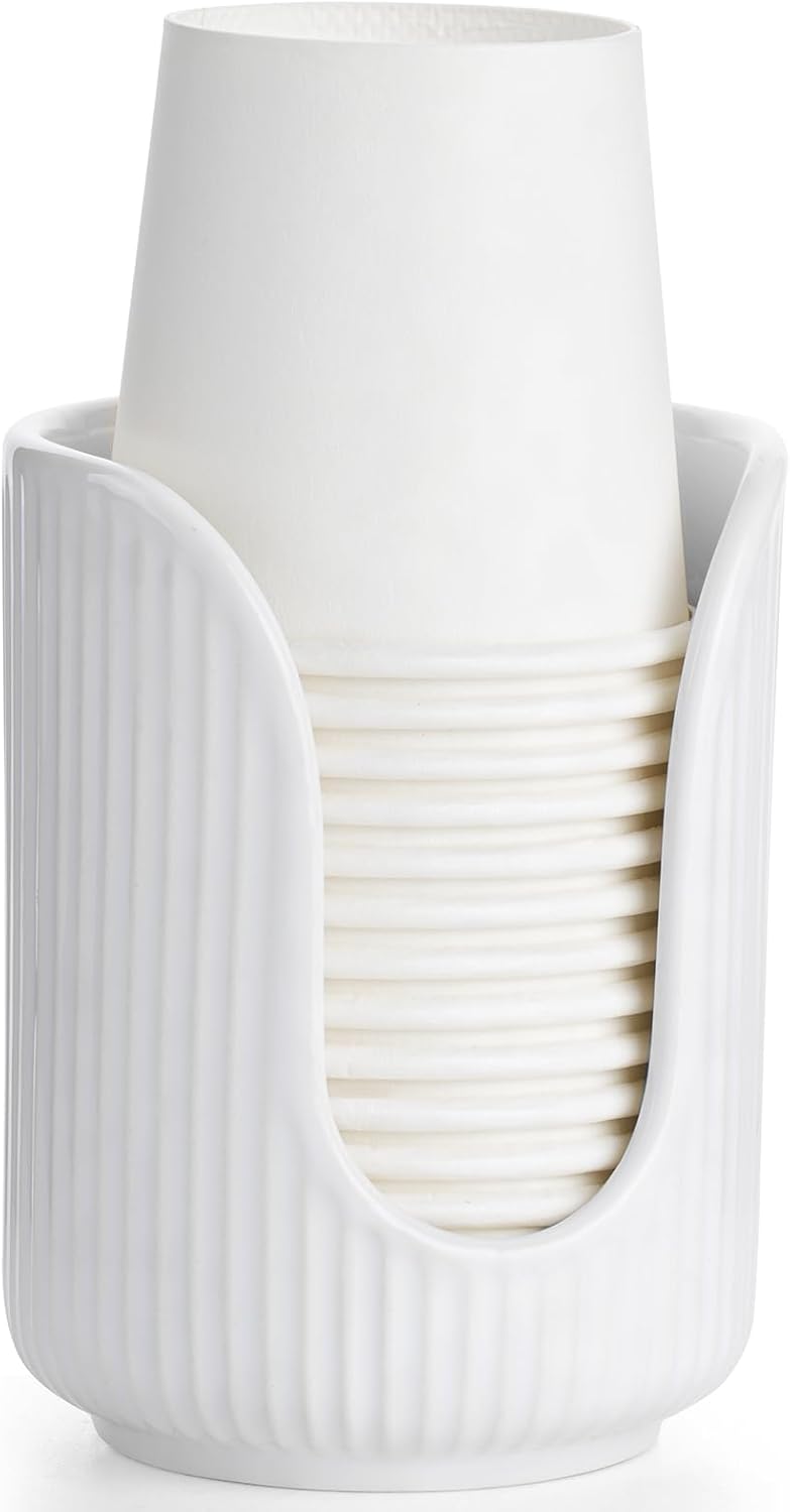 Elegant Striped Ceramic Cup Dispenser for Vanity Countertop