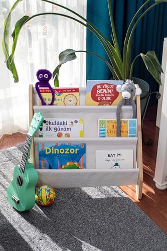 Montessori Bookshelf with Linen Fabric Hanger - 4 Tier Kids Storage Unit