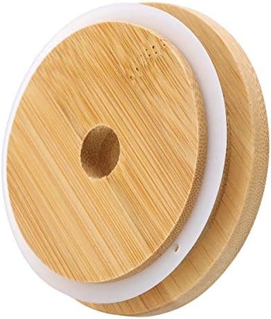 TOUSHI 4Pcs Bamboo Mason Jar Lids with Straw Hole Reusable Leak-Proof Caps