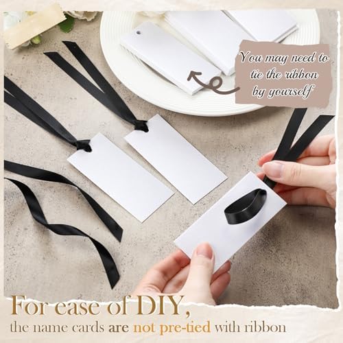 50 Pcs Black Place Cards with Satin Ribbons for Wedding Banquet