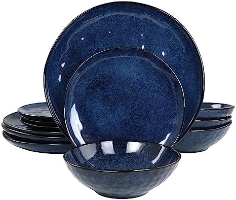 Elama Samara 12 Piece Stoneware Dinnerware Set Blue