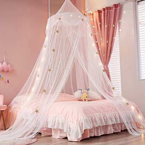 Gold Star Princess Bed Canopy with Lights for Girls and Boys