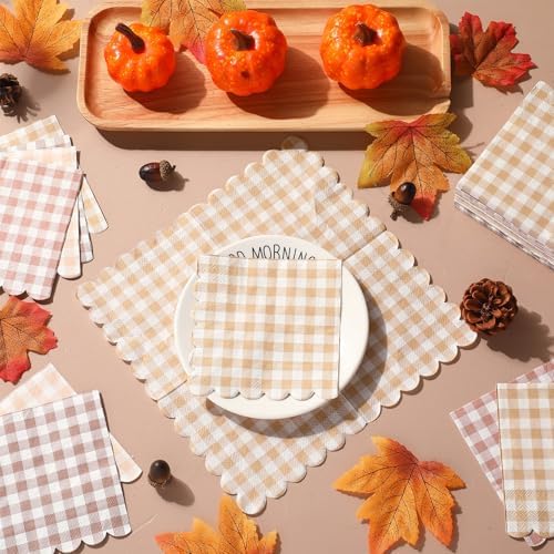 240 Pcs Scalloped Gingham Plaid Cocktail Napkins Khaki