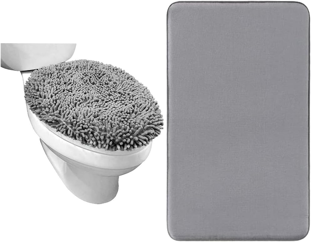 Gorilla Grip Toilet Lid Cover and Memory Foam Bath Rug Bundle