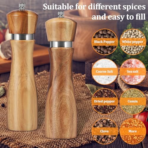 2Pcs Wood Salt and Pepper Grinder Set with Adjustable Coarseness