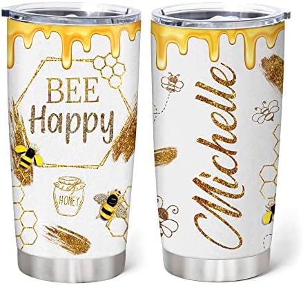 Bee Happy Custom Name Stainless Steel Tumbler 20oz With Lid