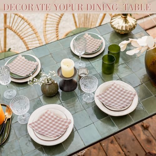 240 Pcs Scalloped Gingham Plaid Cocktail Napkins Khaki