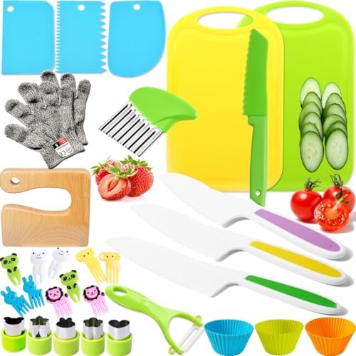 Kids Kitchen Safe Knife Set with Cutting Board and Gloves