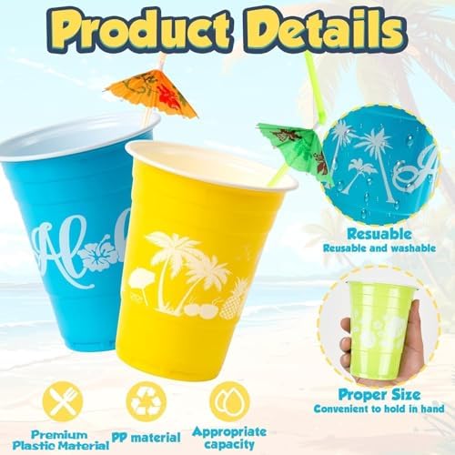 50 Hawaiian Luau Party Cups with Parasol Straws 16OZ