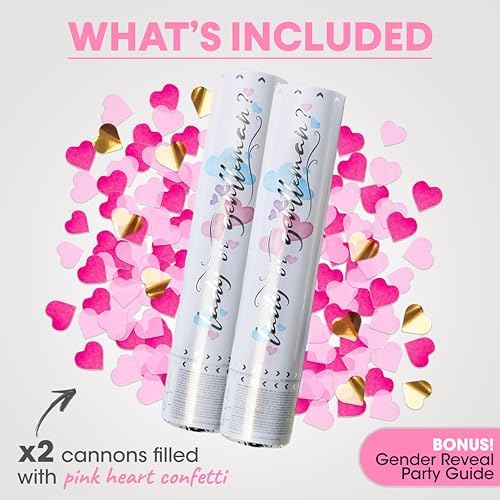 PrimePure Pink Heart Shaped Confetti Cannon - 2 Pack Gender Reveal Party Poppers