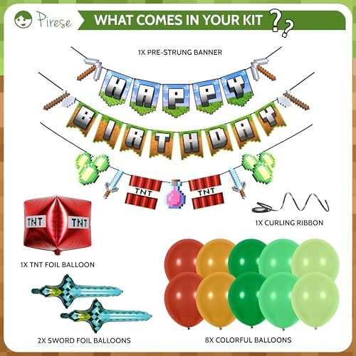 Pirese Pixel Birthday Banner with Foil Balloons and Sign