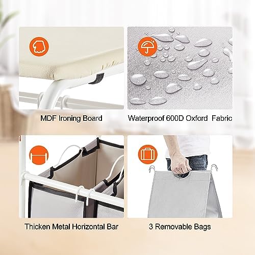 VEVOR 3-Section Laundry Sorter Cart with Ironing Board