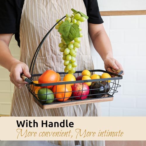 WILDMOS Rectangular Fruit Basket with Banana Hanger and Metal Wire Frame