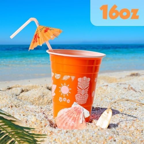 50 Hawaiian Luau Party Cups with Parasol Straws 16OZ