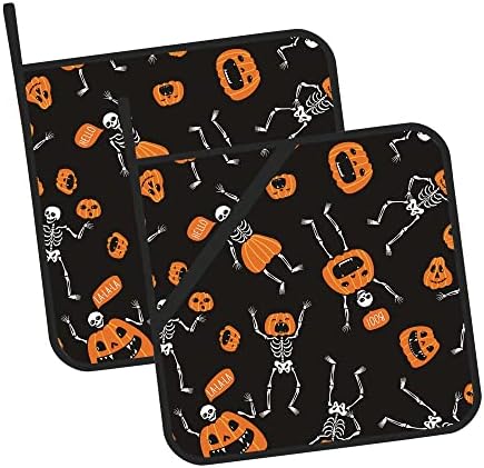 Halloween Skeleton Pumpkin Potholders Set of 2