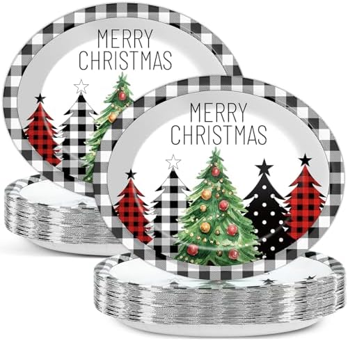 CHUNNIN 50Pcs Christmas Tree Plaid Paper Plates