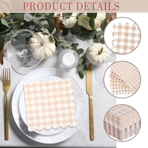 240 Pcs Scalloped Gingham Plaid Cocktail Napkins Khaki
