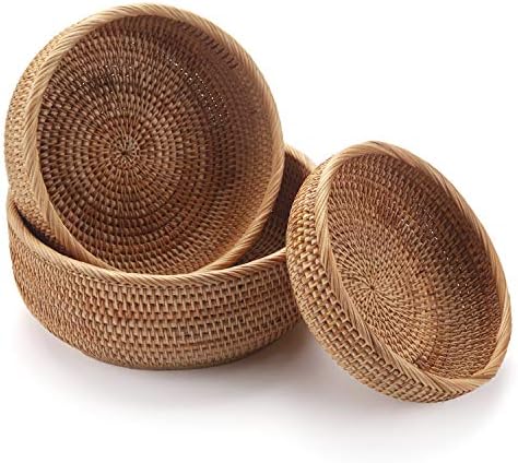 DECRAFTS Round Rattan Fruit Baskets Stackable Set of 3