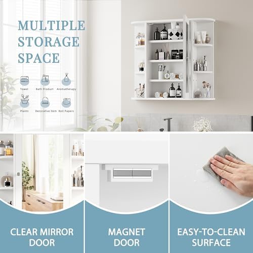 Shintenchi White Bathroom Wall Cabinet with Mirror