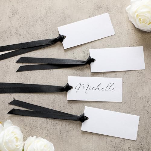 50 Pcs Black Place Cards with Satin Ribbons for Wedding Banquet
