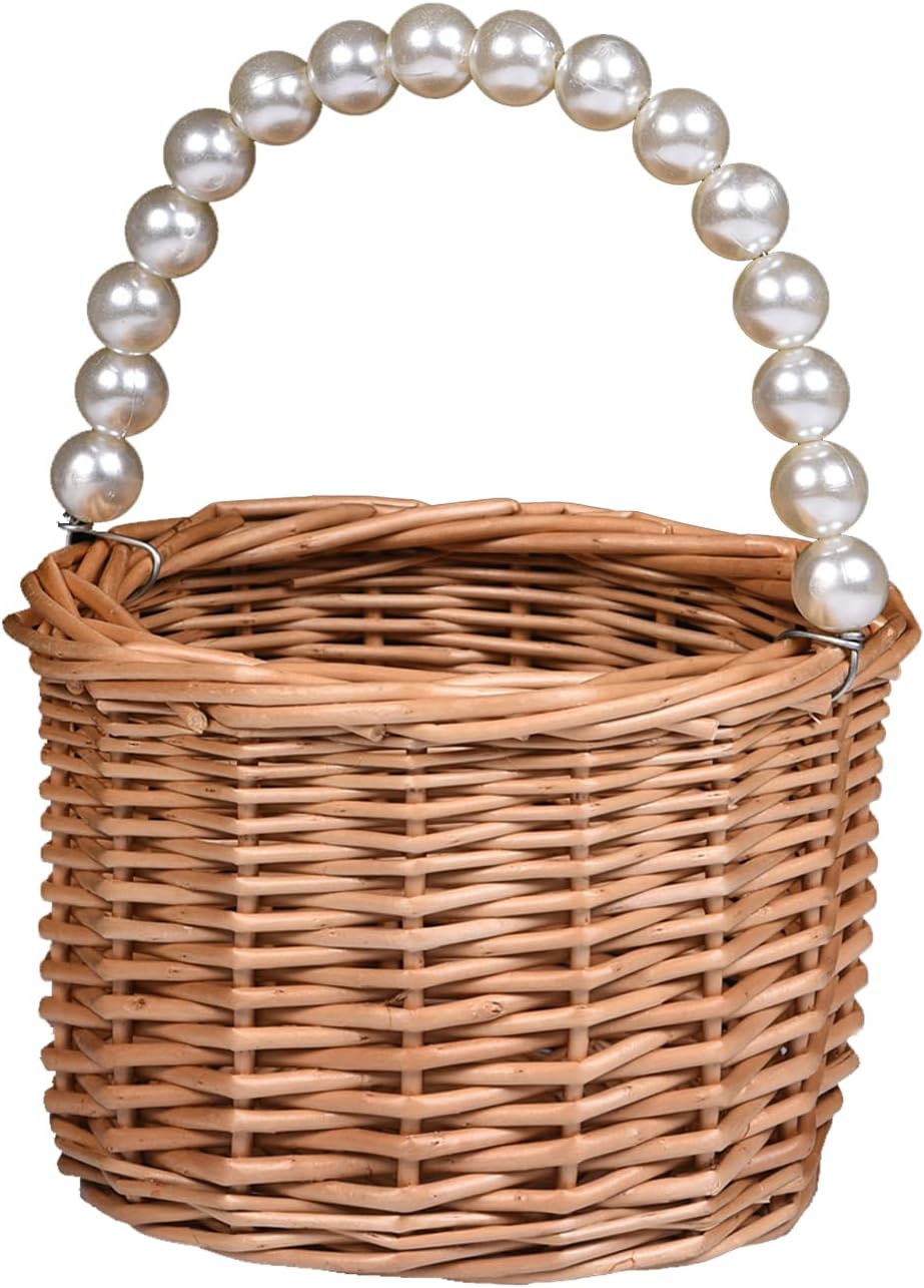 Wicker Rattan Flower Girl Basket with Pearl Handle