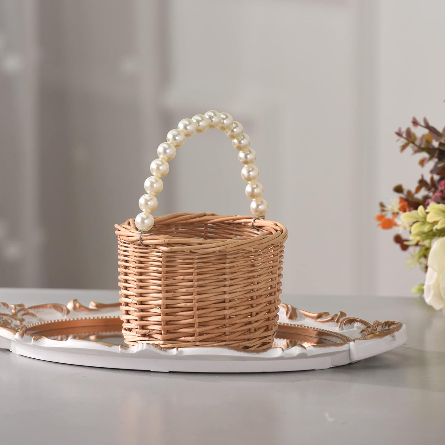 Wicker Rattan Flower Girl Basket with Pearl Handle