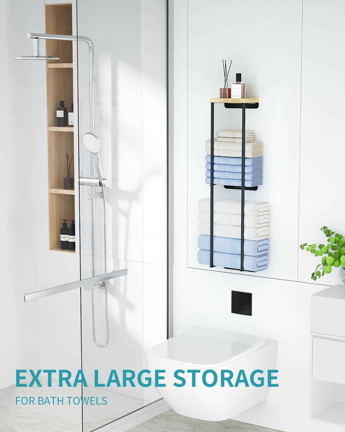 Anfeichen 2 Tier Towel Rack with Wood Shelf Black